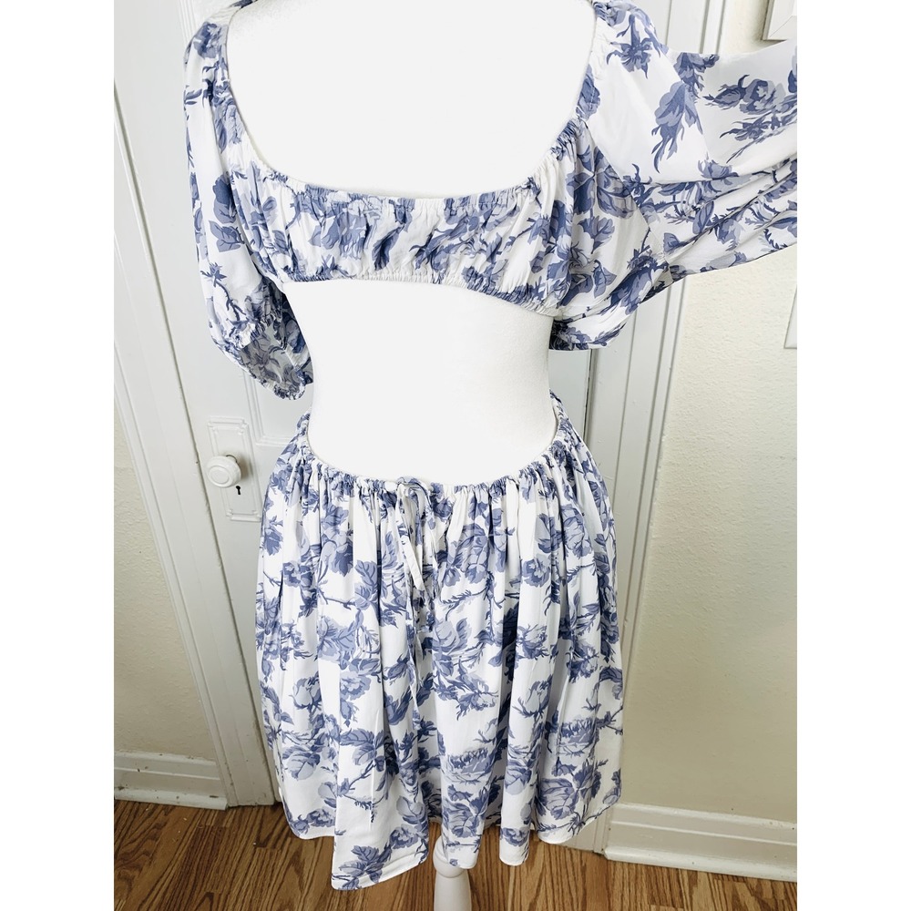 Bardot Eden Mini‎ Dress XL Lilac Blue Floral Side Cutouts Coquette BabyDoll Boho - Picture 8 of 16